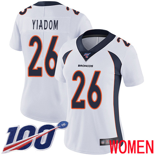Women Denver Broncos 26 Isaac Yiadom White Vapor Untouchable Limited Player 100th Season Football NFL Jersey